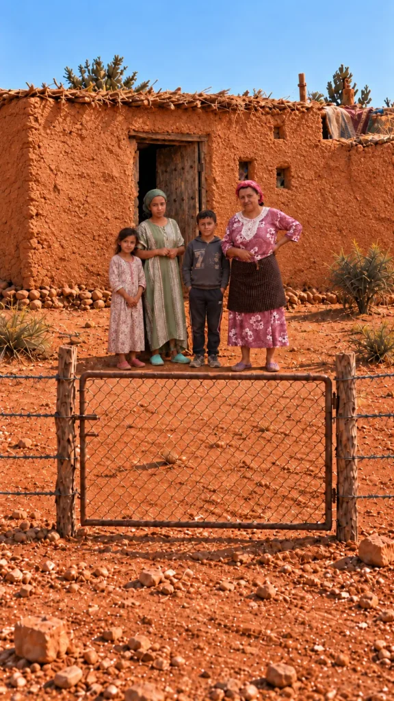 Une famille devant une maison en terre et un portail