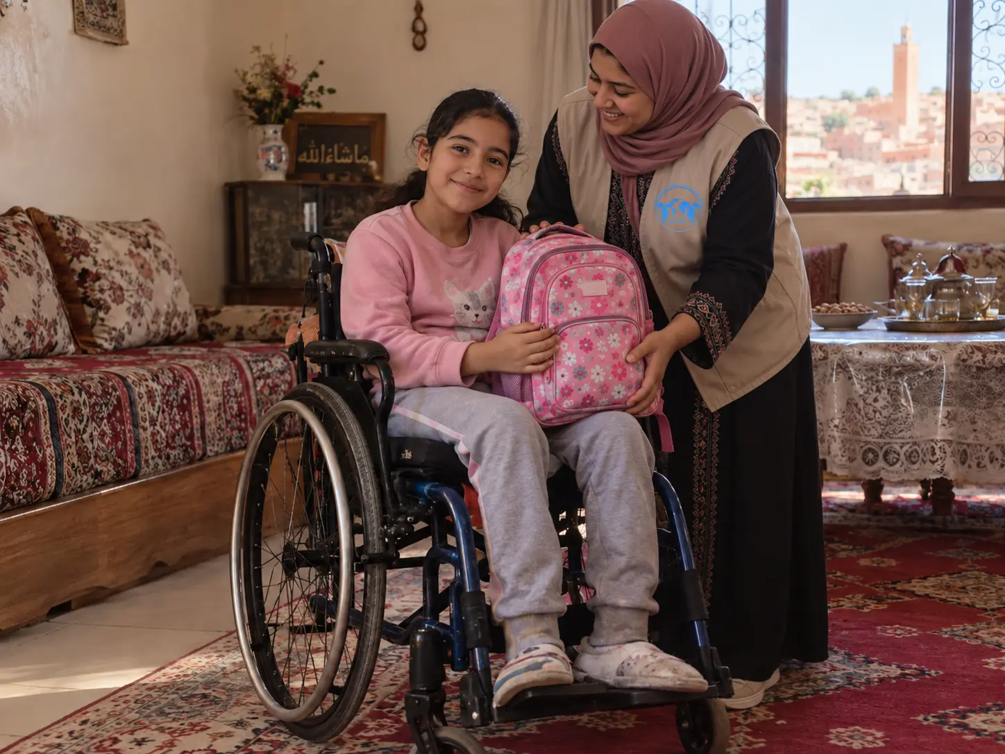 Une enfant en fauteuil roulant avec un cartable, accompagnée d’une adulte.
