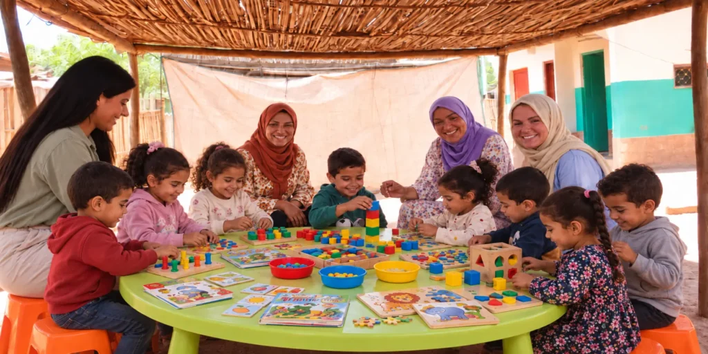 Accompagnement des orphelins au Maroc : enfants et adultes autour de jeux et de matériel éducatif.