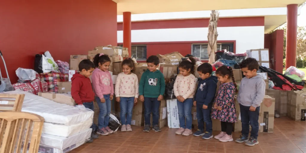 Groupe d’enfants devant des cartons, des matelas et des vêtements.