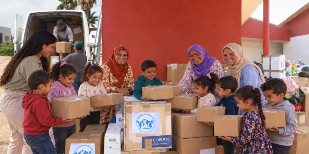 Enfants et adultes réunis autour de cartons portant le logo de l’association.
