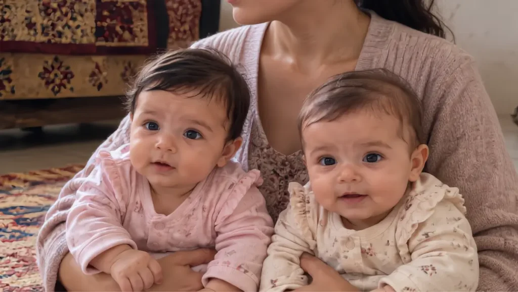 Une jeune maman et ses bébés réunis dans le salon, les jumelles dans ses bras