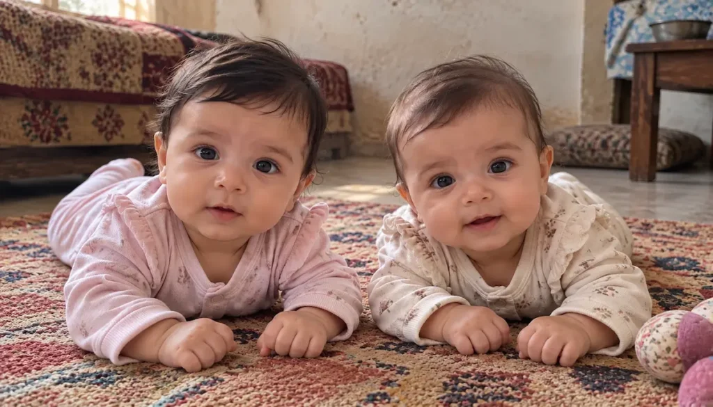 Les deux jumelles allongées côte à côte sur un tapis dans le salon