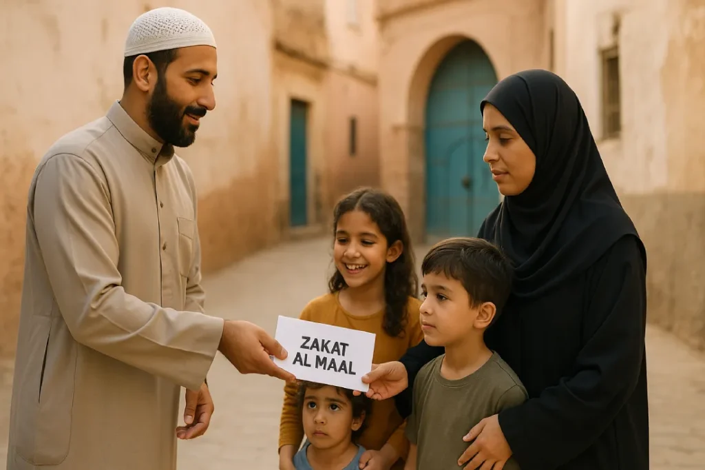Calculez Zakât Al Maal : illustration d’un bénévole remettant un don à une famille